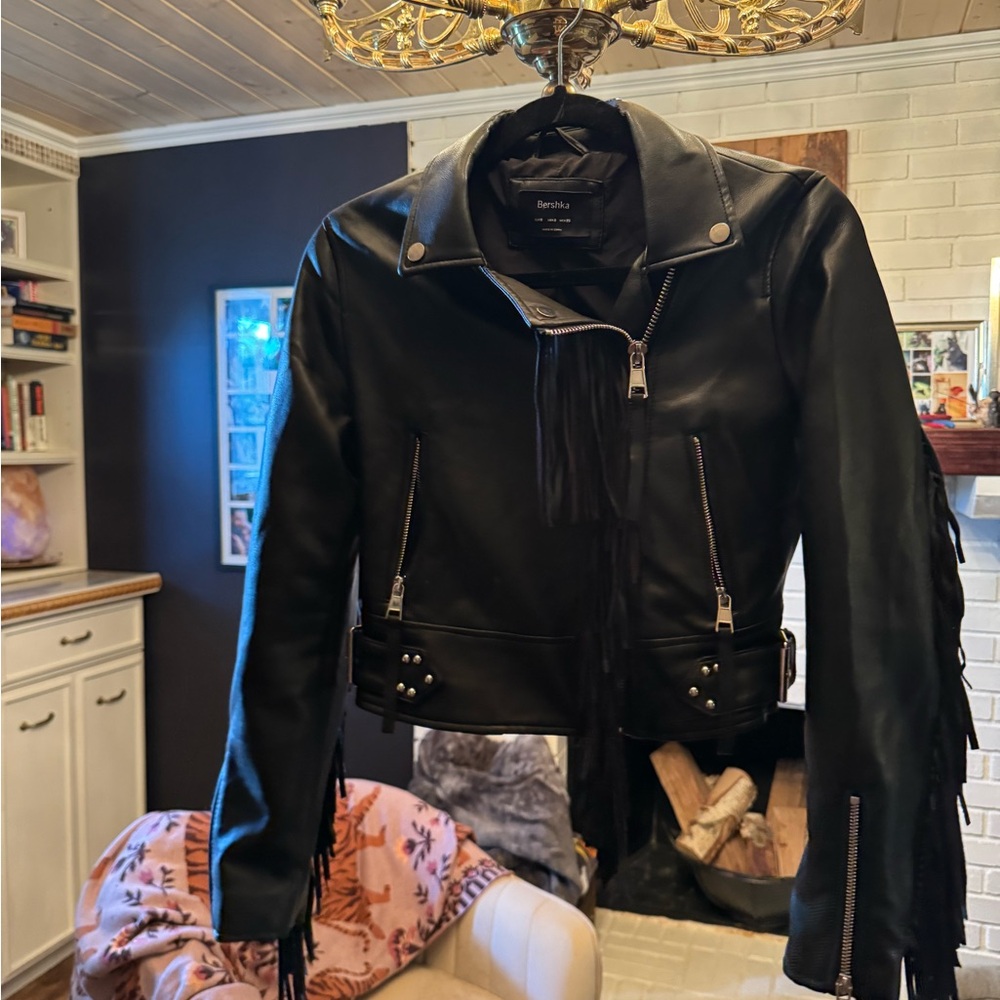 Bershka Black Leather Jacket with Fringe